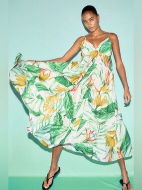 H&M Floral Tiered Maxi Dress XXL V-Neck Summer Sleeveless Viscose Blend